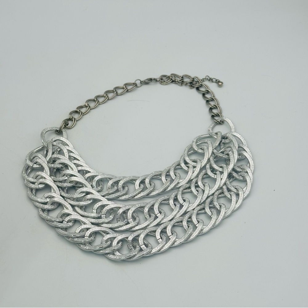 Silver Multi-Row Chain Link Chunky Statement Necklace - Picture 7 of 10